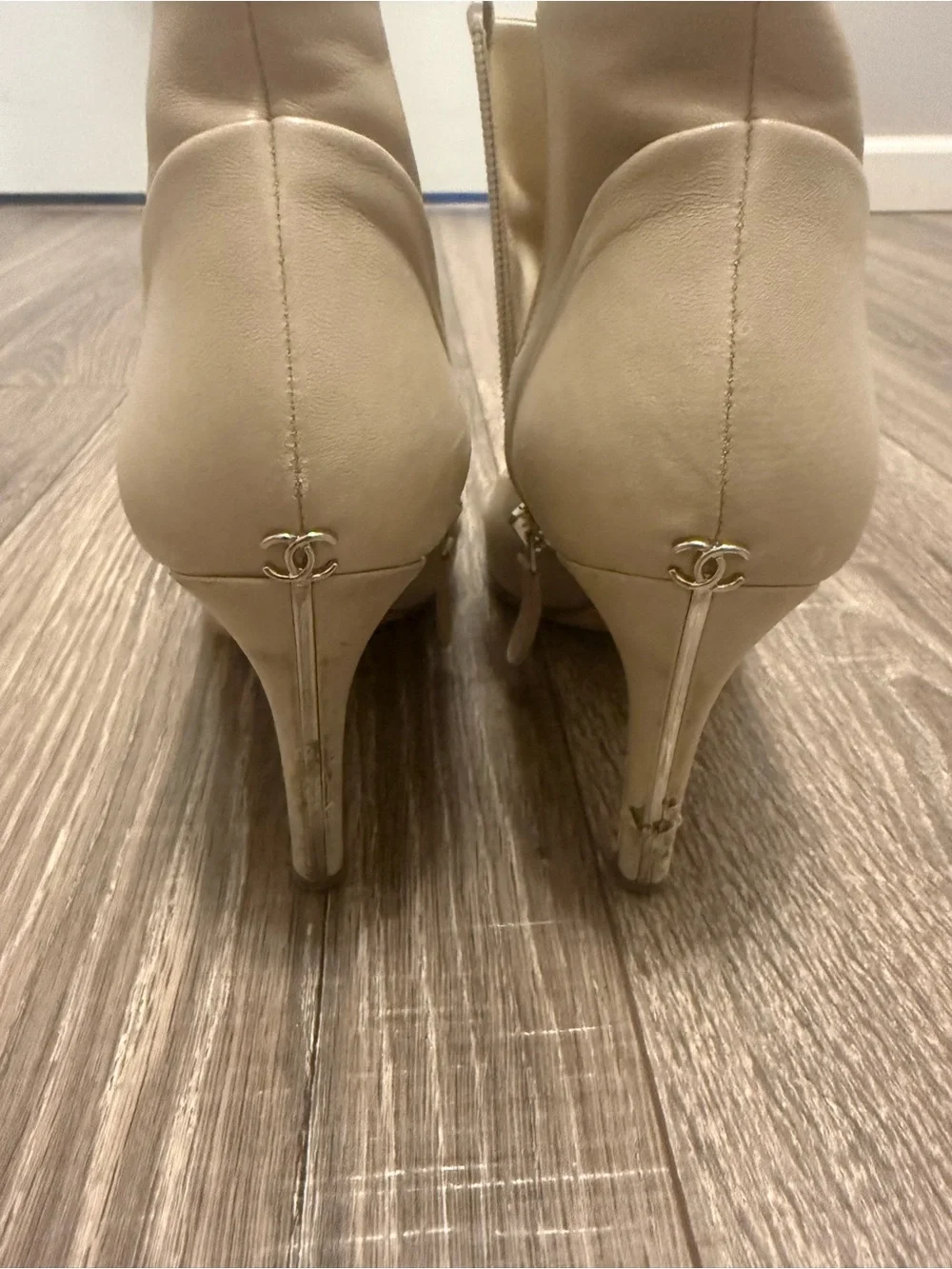 Chanel Women’s Interlocking C Lambskin Leather Beige Ankle Boots Size 37